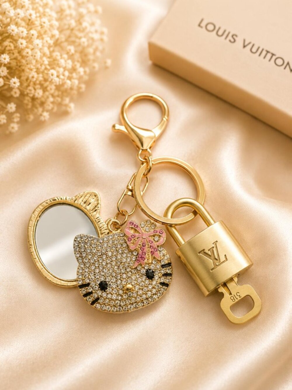Louis Vuitton Authentic Gold Padlock 🔑 Key + Stylish Unbranded Kitty Head Charm